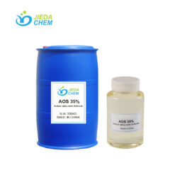 Blue 200KG barrel and small glass bottle containing 35% Sodium alpha-olefin Sulfonate (AOS) liquid, JIEDA CHEM product, made in China