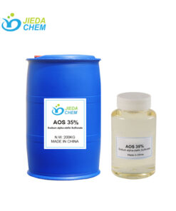 Blue 200KG barrel and small glass bottle containing 35% Sodium alpha-olefin Sulfonate (AOS) liquid, JIEDA CHEM product, made in China