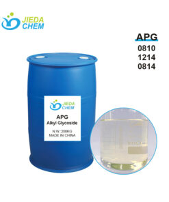 JIEDA CHEM APG surfactant (types 0810/1214/0814) in blue barrel, with clear liquid close-up, made in China