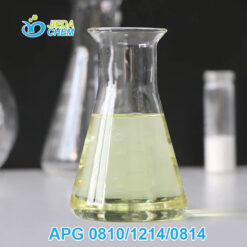 Clear viscous APG (Alkyl Polyglucoside) surfactant in glass measuring cup, natural origin plant-based ingredient