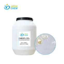 JIEDA CHEM White plastic bucket of CAB-30 50% (Cocamidopropyl Betaine) with a close-up of its liquid texture