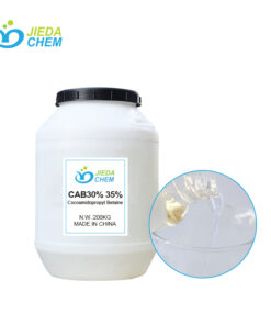 JIEDA CHEM White plastic bucket of CAB-30 50% (Cocamidopropyl Betaine) with a close-up of its liquid texture