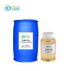 Blue 200kg drum CAB 35%, with a small bottle containing the light yellow transparent liquid CAB/CAPB 35% placed beside it