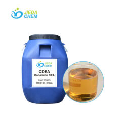 Blue plastic barrel of CHEM CDEA (Cocamide Diethanolamide) with a close-up of its amber liquid in a glass, JIEDA made in China