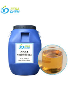 Blue plastic barrel of CHEM CDEA (Cocamide Diethanolamide) with a close-up of its amber liquid in a glass, JIEDA made in China