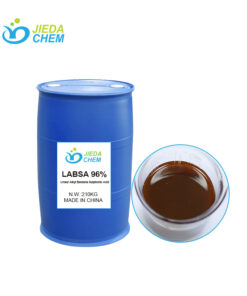 LABSA (Linear Alkylbenzene Sulfonic Acid) stored in IBC tank with close-up of dark brown viscous liquid