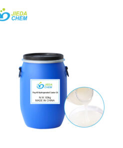 Peg-40 Hydrogenated Castor Oil in a 60kg blue drum with White paste Peg-40 Hydrogenated Castor Oil poured out on the side