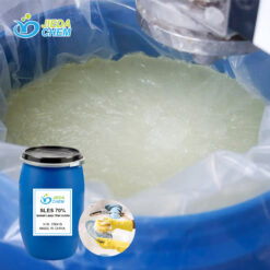 Close-up of clear, viscous SLES liquid surfactant (Sodium Laureth Sulfate)