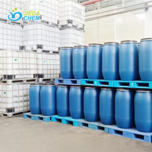 Industrial warehouse storing Sodium Lauryl Ether Sulfate SLES 70% in 170kg steel drums and IBC totes, organized chemical storage
