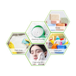 SLES (Sodium Laureth Sulfate) used in shampoo, body wash, laundry detergent, and household cleaners, showing foam and cleaning effects