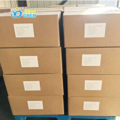 A pallet of preservative Potassium Sorbate in corrugated paper boxes, secured with stretch film