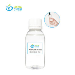 Clear viscous Pentylene Glycol liquid in glass bottle showing purity and transparency