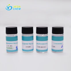 Four labeled sample bottles of Pentylene Glycol with product specifications on tags