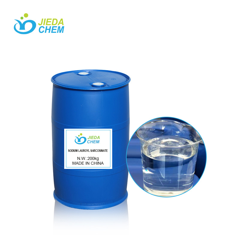 200kg blue drums of Sodium lauroyl sarcosinate next to the clear liquid form of Sodium lauroyl sarcosinate ina beaker