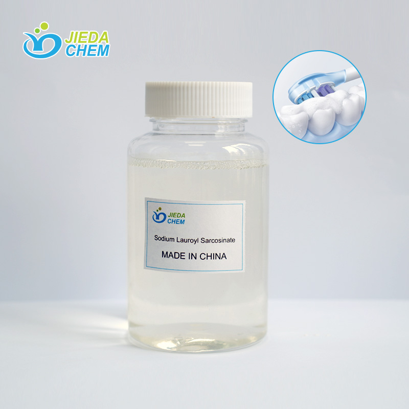 The transparent liquid Sodium lauroyl sarcosinate placed ina small bottle
