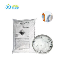 25kg Sodium Hydroxide bag alongside white flakes in steel tray