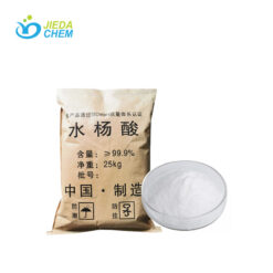 Industrial package of salicylic acid (≥99.9% purity, 25kg) with a sample of white powder in a petri dish, manufactured in China (JIEDA CHEM brand, ISO9001 certified).