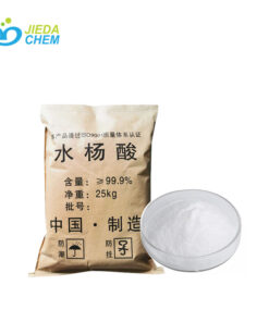 Industrial package of salicylic acid (≥99.9% purity, 25kg) with a sample of white powder in a petri dish, manufactured in China (JIEDA CHEM brand, ISO9001 certified).