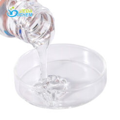 Clear liquid Panthenol being poured into a transparent plate, showing its smooth flow and high transparency