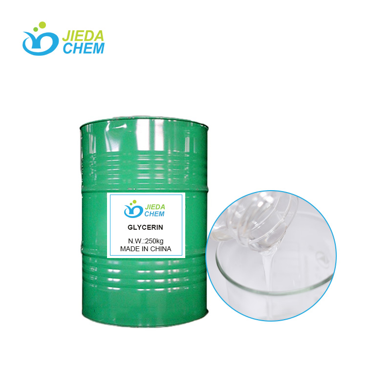 250kg green iron bucket of Glycerin, with transparent liquid Glycerin beside it, poured into a beaker