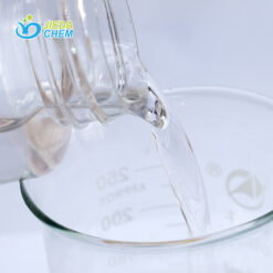 The transparent liquid Triethylhexanoin contained in the small bottle is being poured into the beaker