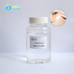 Transparent liquid Triethylhexanoin in a small bottle