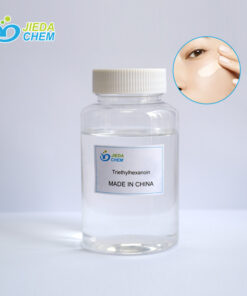 Transparent liquid Triethylhexanoin in a small bottle