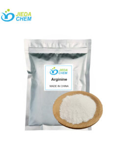 Bagged sealed arginine, with white powdered arginine placed in a wooden plate beside it