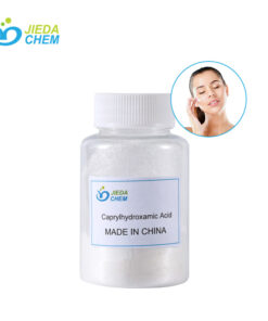 Glass bottle of Caprylhydroxamic Acid/CHA powder with skincare application overlay (cream formulation), highlighting its use as a mild preservative in sensitive skin products
