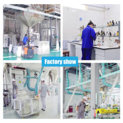 Four-panel workflow: 1) Lab technician testing CHA purity 2) GMP warehouse storage 3) Production line blending 4) production equipment