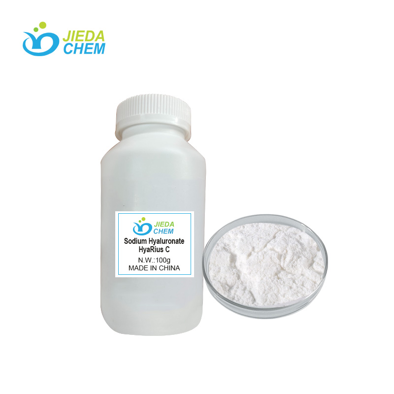 100g bottle of Sodium Hyaluronate, with white powder Sodium Hyaluronate beside it