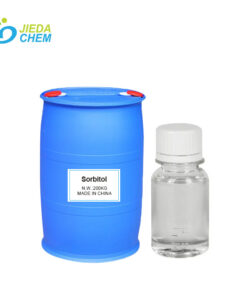 There is a blue bucket of sorbitol liquid, and next to it is a small bottle of sorbitol liquid
