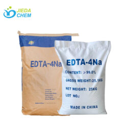 Packaging of Industrial grade EDTA-4Na, a white and a brown 25kg plastic-woven bags with product label