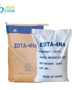 Packaging of Industrial grade EDTA-4Na, a white and a brown 25kg plastic-woven bags with product label