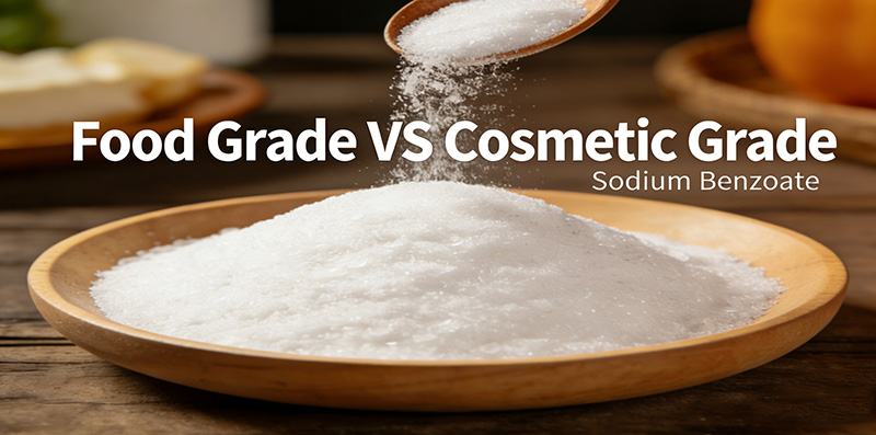 Food Grade vs Cosmetic Grade Sodium Benzoate: White powder in wooden bowl, spoon pouring the ingredient