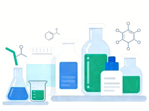 A illustration of Laboratory glassware with chemical solutions and molecular structure formulas