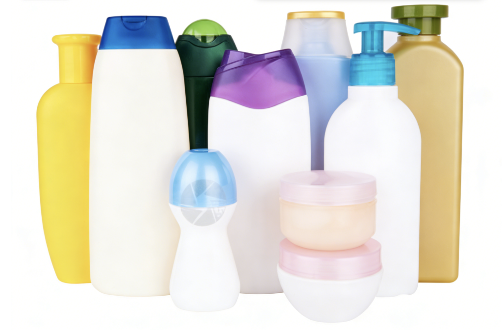 Assorted plastic personal care bottles and containers in various colors and sizes on white background