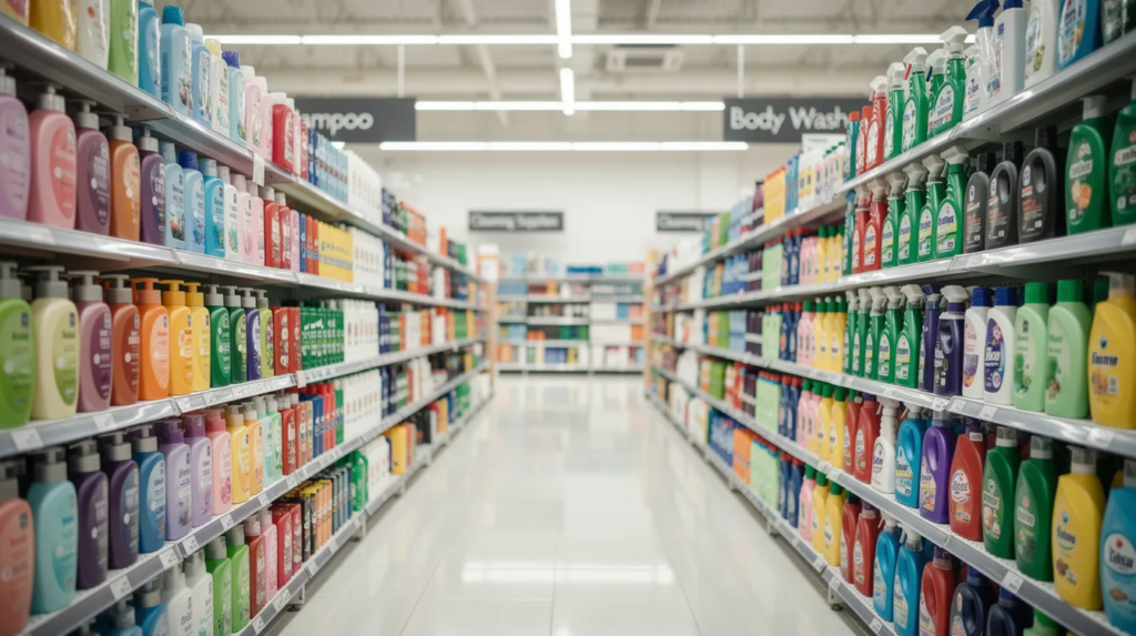 A bright, clean supermarket aisle lined with shelves stocked with colorful bottles of shampoo, body wash, and other personal care products. The aisle extends into the distance under overhead lighting, creating a neat, organized retail display.