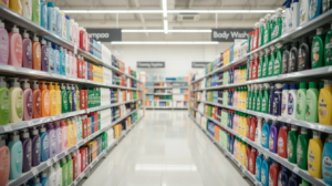 A bright, clean supermarket aisle lined with shelves stocked with colorful bottles of shampoo, body wash, and other personal care products. The aisle extends into the distance under overhead lighting, creating a neat, organized retail display.
