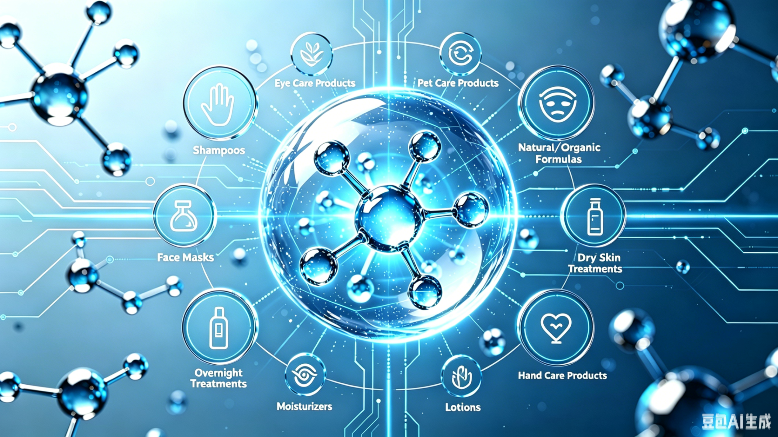 Blue 3D molecule graphic with skincare & personal care product category icons