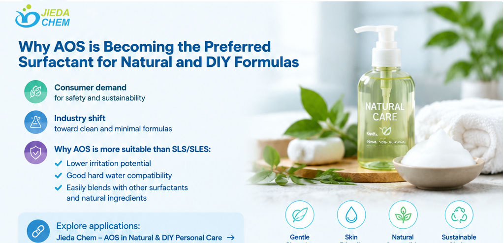Benefits of AOS surfactant for natural and DIY beauty formulations, low irritation, hard water tolerance, compatible with natural ingredients, Jieda Chem